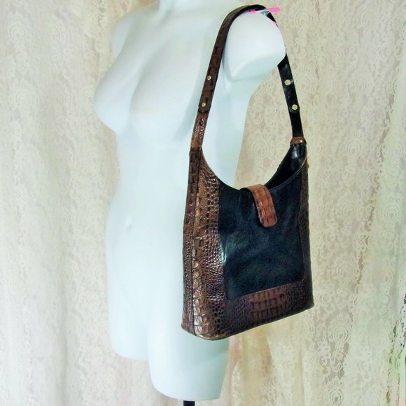 Vintage Brahmin Quality Tuscan Leather Black & Brown Crock Handbag With … - Picture 1 of 5